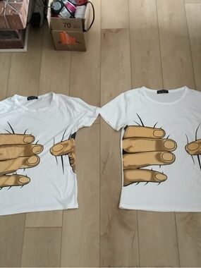 2 Pieces White Graphic T-Shirts with Hand Print